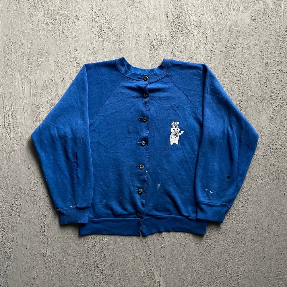 Vintage Pillsbury Doughboy Snap Cardigan Sweatshirt Mens Small Blue 70s